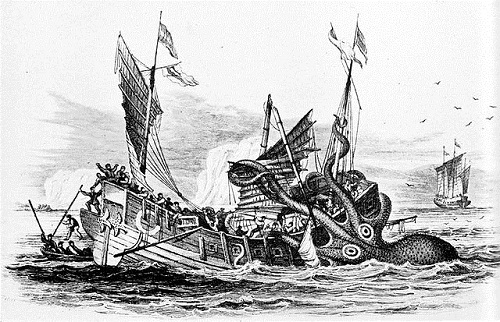 "Poulpe Colossal" attacks a merchant ship (1810, Pierre Dénys de Montfort)